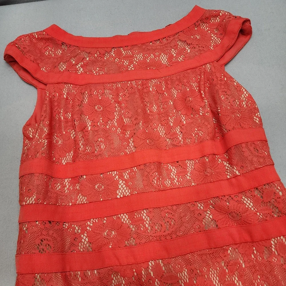 Adrianna Papell Lace Sheath Dress Coral Ribbon Trim Women Size 14